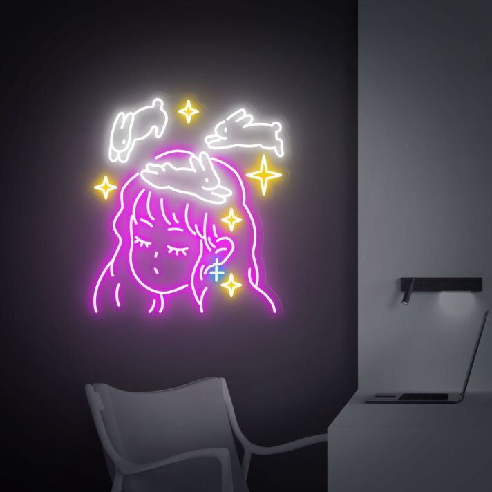 Mädchen mit Kaninchen und Sternen LED-Neonschild Wohnzimmer Schlafzimmer