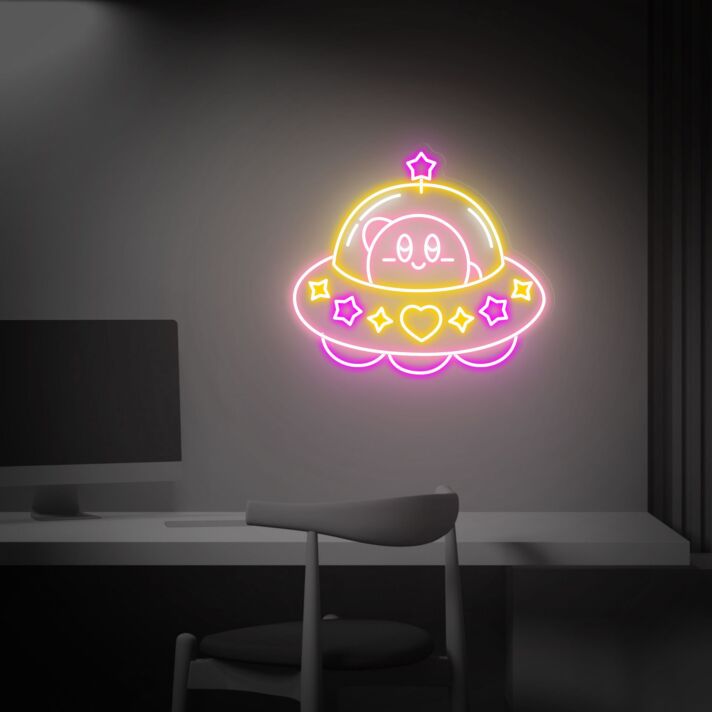 Niedliches UFO mit Cartoonfigur und Sternen LED-Neonschild für Kinderzimmer Gamingzimmer