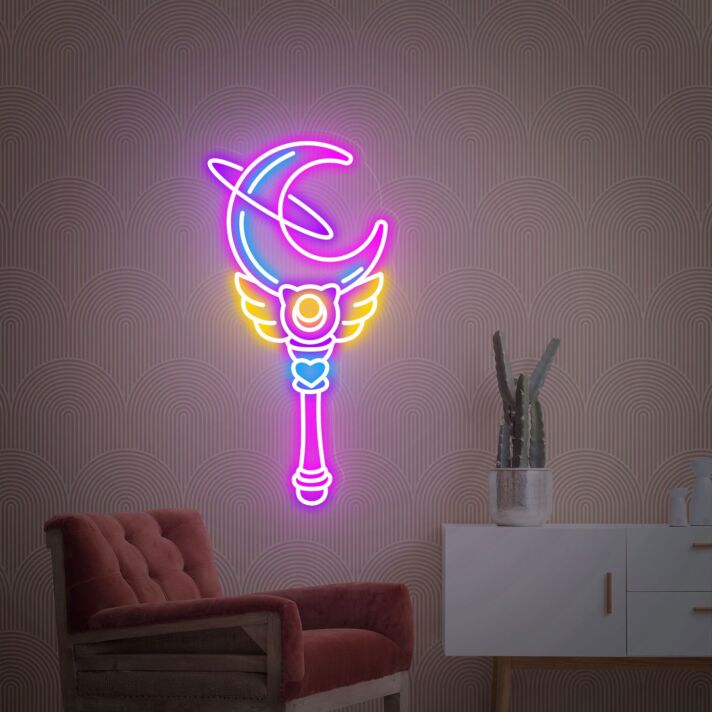 Magischer Stab mit Mond und Flügeln LED-Neonschild Wohnzimmer Gaming Zimmer