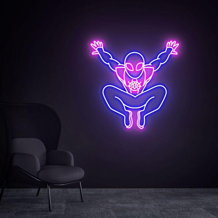 Modernes LED Neonschild mit futuristischer Maskenfigur in dynamischer Sprungpose für Gaming und Wohnzimmer