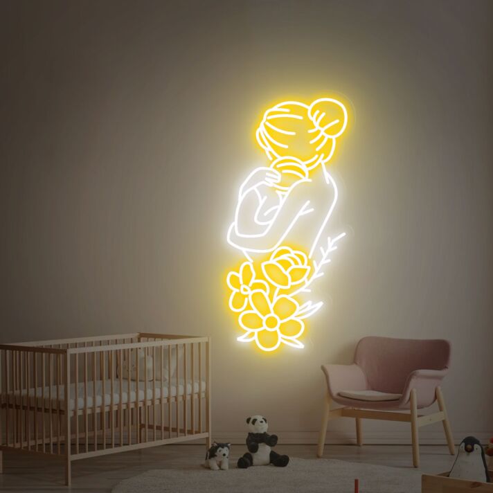 Sanftes LED Neonschild mit eleganter Frauen Silhouette und Blumenmotiv für Kinderzimmer Babyzimmer und ruhiges Wohnambiente
