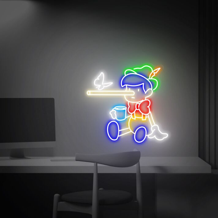 Verspieltes LED Neonschild mit Cartoon Junge und langem Nasen Motiv für kreative Wanddekoration und modernes Zimmerdesign