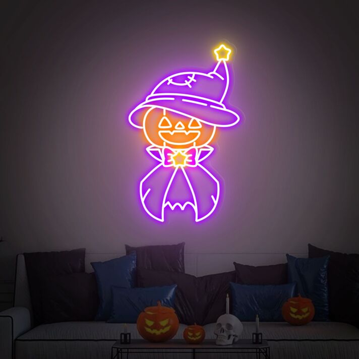 Kürbisfigur mit Hexenhut LED-Neonschild für Halloween Wohnzimmer
