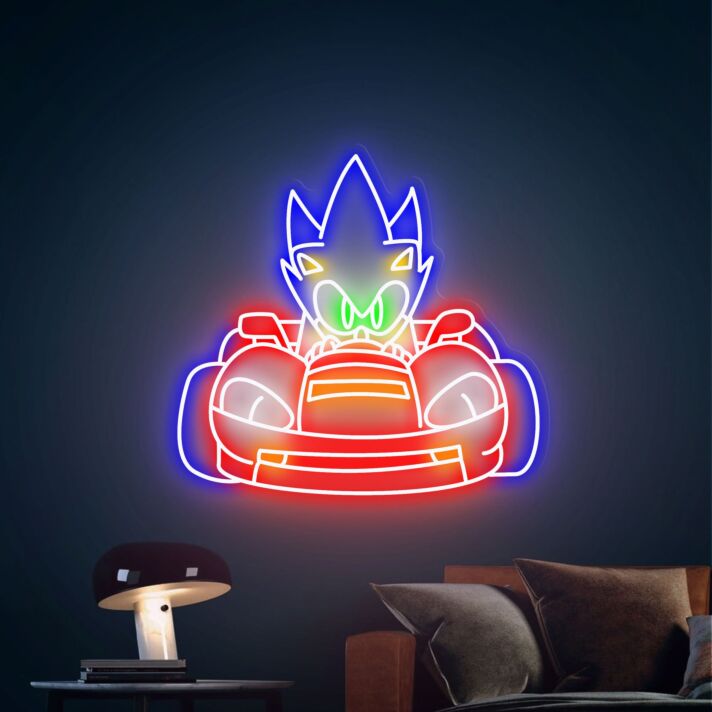 Dynamisches LED Neonschild mit abstrakter Comic Rennfigur und Sportwagen Motiv für modernes Gaming Zimmer und kreative Wanddekoration