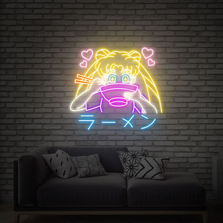 Verspieltes LED Neonschild mit abstrakter Anime Cartoon Figur und Ramen Motiv für gemütliche Wohnräume und kreative Wanddekoration