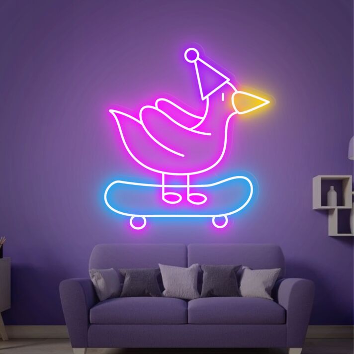 Vogel auf Skateboard mit Partyhut LED-Neonschild Wohnzimmer Kinderzimmer