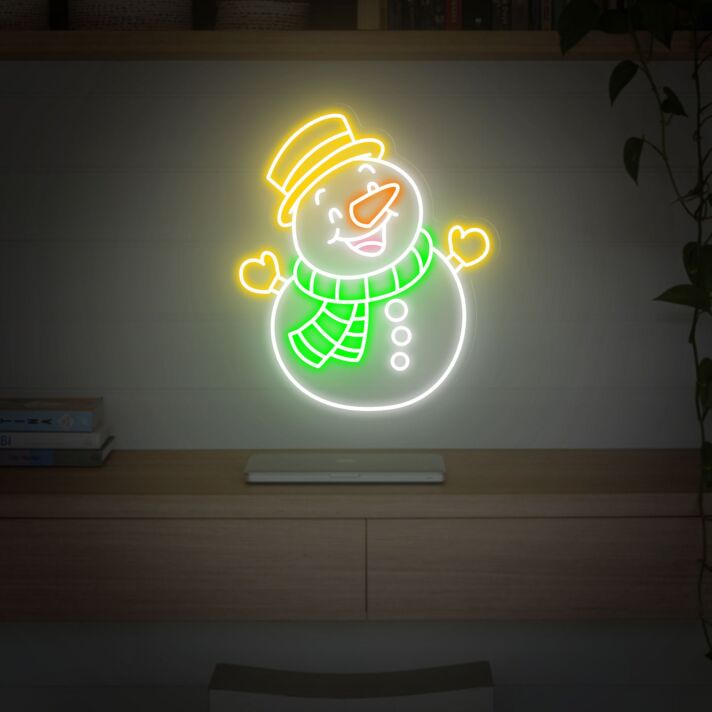 Schneemann mit Hut und Schal LED-Neonschild Wohnzimmer Weihnachtsdeko