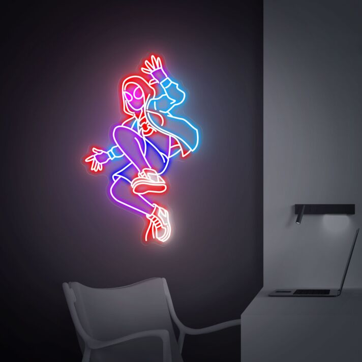 Springende Comic Heldenfigur als Neon LED Wandlicht für Gaming Zimmer und moderne Raumdekoration