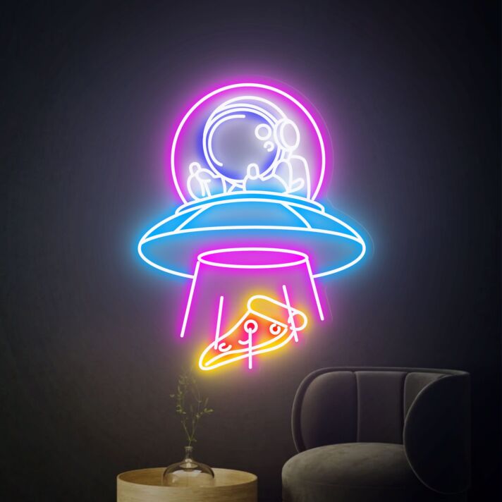 UFO mit Astronaut und Pizzastück LED-Neonschild für Wohnzimmer Bar