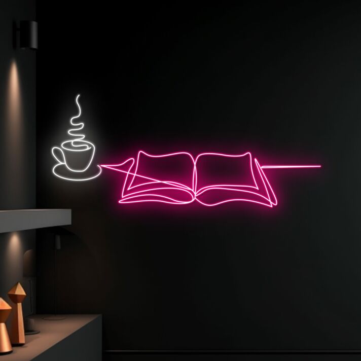 offenes Buch mit Kaffeetasse LED-Neonschild für Wohnzimmer Café