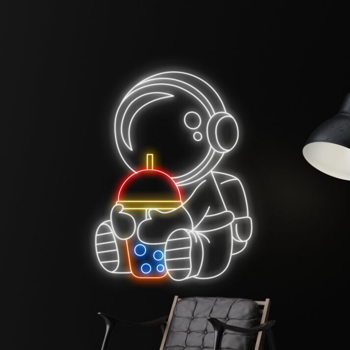 Astronaut mit Bubble Tea LED-Neonschild für Wohnzimmer Café
