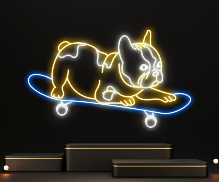 Französische Bulldogge auf Skateboard LED-Neonschild Wohnzimmer Kinderzimmer