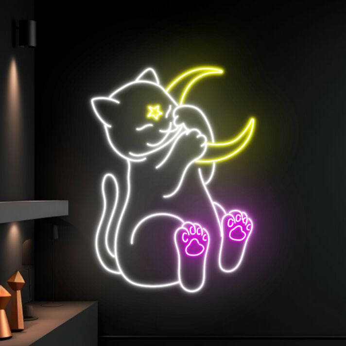 schlafende Katze mit Halbmond LED-Neonschild für Wohnzimmer oder Schlafzimmer