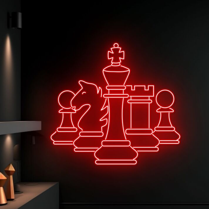 Neon LED Wandlicht mit Schachfiguren Motiv König Dame Turm und Springer für moderne Raumdekoration