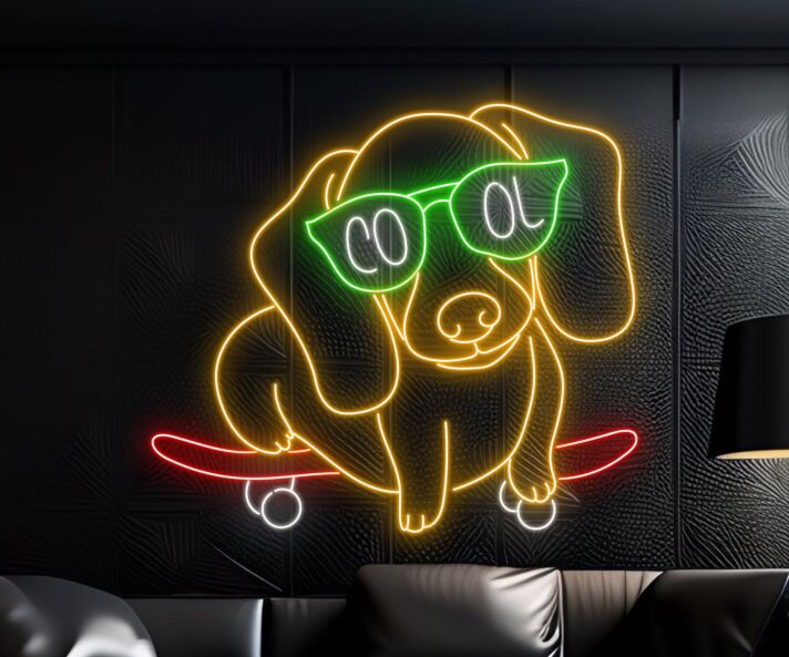 Hund mit Skateboard und Sonnenbrille LED Neonschild für Wohnzimmer und Jugendzimmer