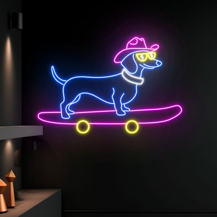 Dackel auf Skateboard mit Cowboyhut LED-Neonschild Wohnzimmer Bar