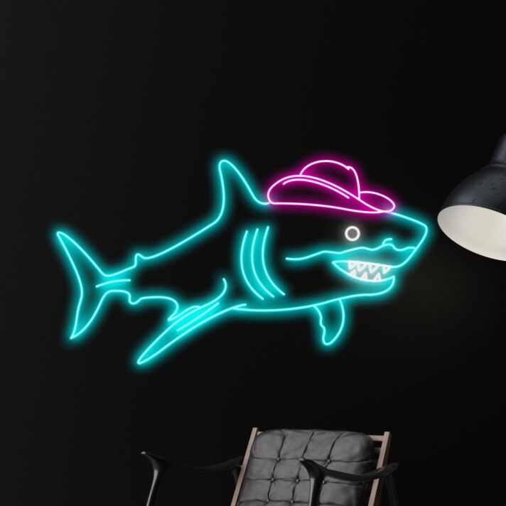 Hai mit Cowboyhut LED-Neonschild Bar Wohnzimmer