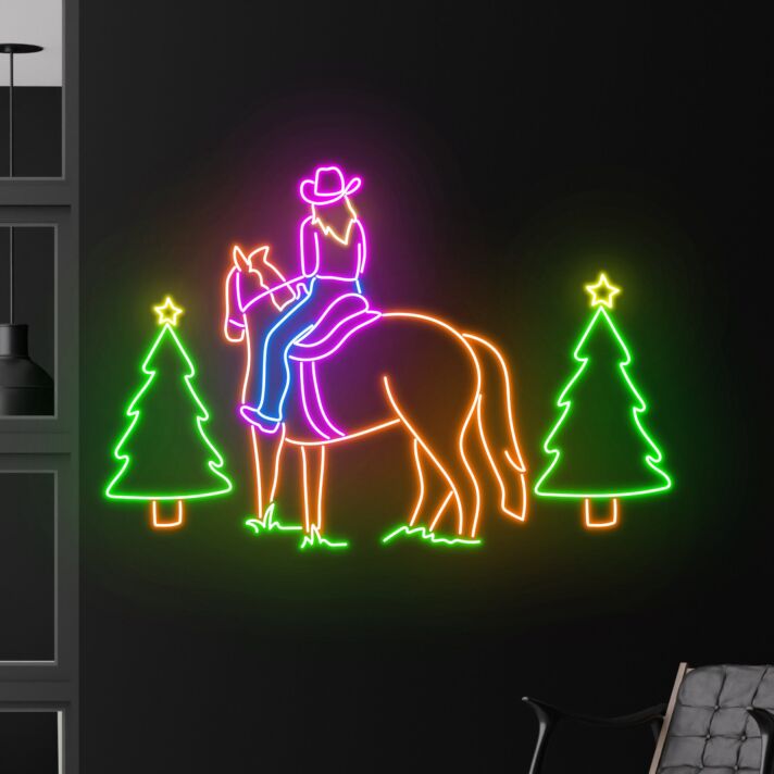Cowboy auf Pferd zwischen Weihnachtsbäumen LED-Neonschild Wohnzimmer Bar