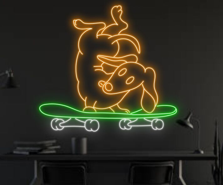 Neon LED Wandlicht mit Hund auf Skateboard Motiv für Wohnzimmer Kinderzimmer Gaming Raum oder moderne Wanddekoration