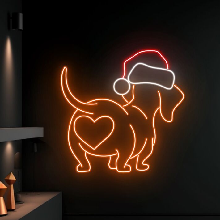 Dackel mit Weihnachtsmütze und Herzmotiv LED-Neonschild Wohnzimmer Weihnachten