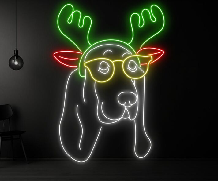 Hund mit Geweih und Brille LED-Neonschild Wohnzimmer Bar