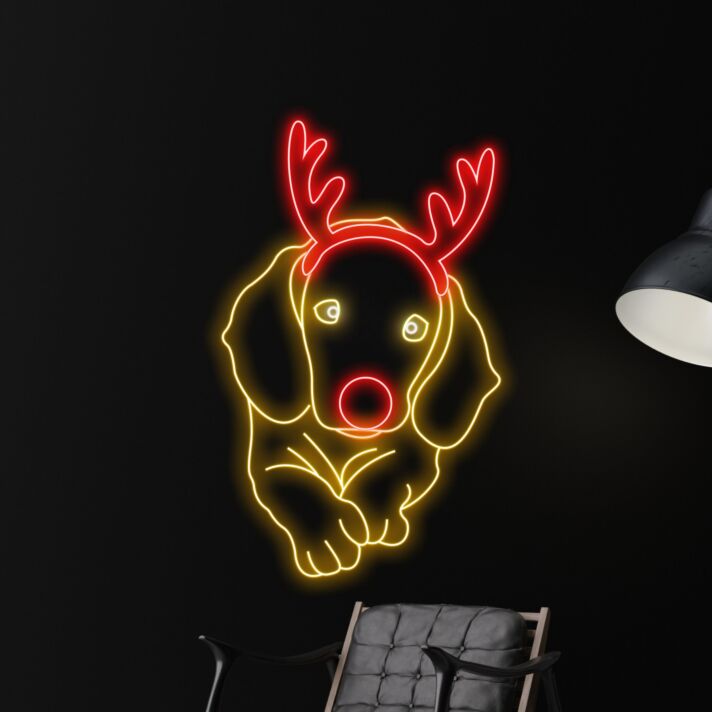 Hund mit Rentiergeweih LED-Neonschild Wohnzimmer Weihnachten
