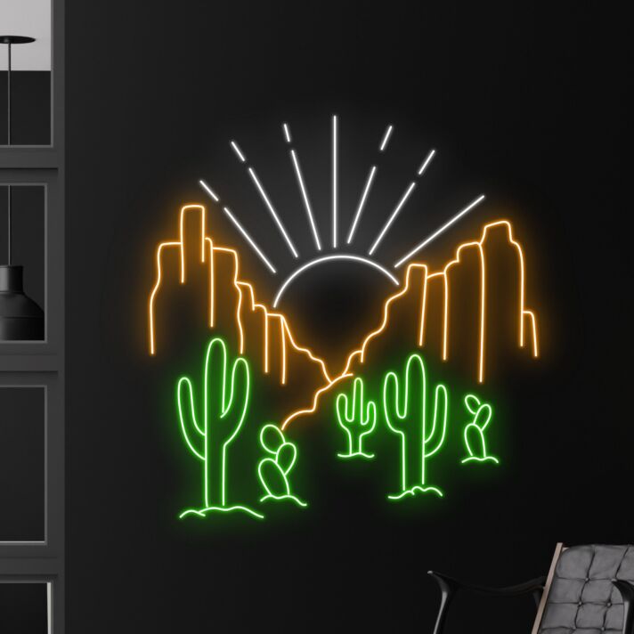 Wüstenlandschaft mit Kakteen und Sonnenaufgang LED-Neonschild Wohnzimmer Bar