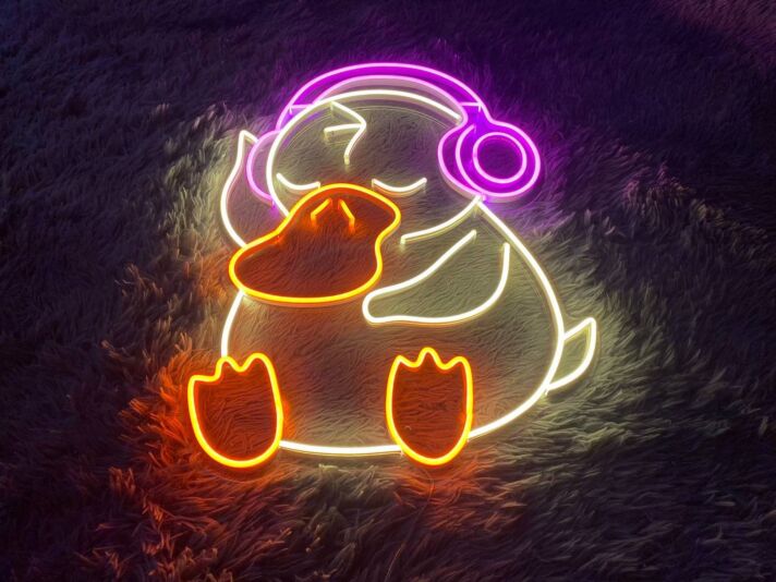 Süßes Neon LED Wandlicht mit Ente und Kopfhörern für Kinderzimmer Schlafzimmer Wohnzimmer oder moderne Raumdekoration
