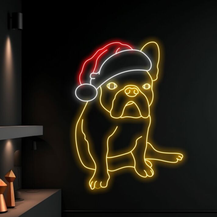 Französische Bulldogge mit Weihnachtsmütze LED-Neonschild Wohnzimmer Weihnachten