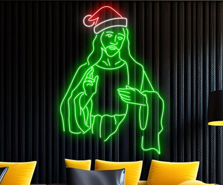 Heilige Figur mit Weihnachtsmütze LED-Neonschild Wohnzimmer Weihnachtsdekoration