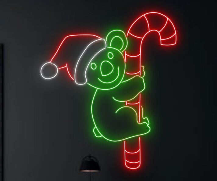 Weihnachtskoala mit Zuckerstange LED-Neonschild Wohnzimmer Weihnachtsdekoration