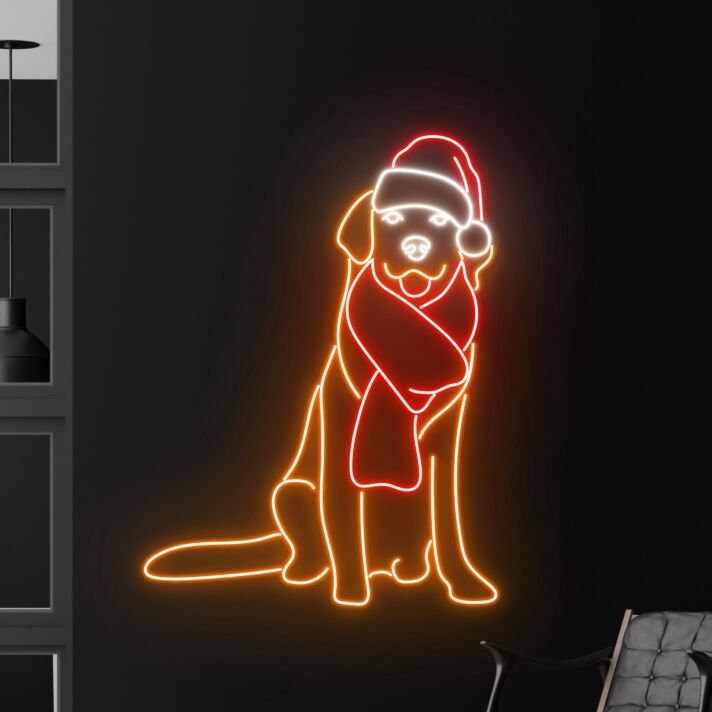 Hund mit Weihnachtsmütze und Schal LED-Neonschild Wohnzimmer Weihnachtsdeko