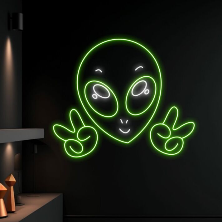 Alienkopf mit Peace-Handzeichen LED-Neonschild Gamingzimmer Bar