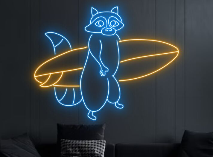 Waschbär mit Surfbrett LED-Neonschild Wohnzimmer Kinderzimmer