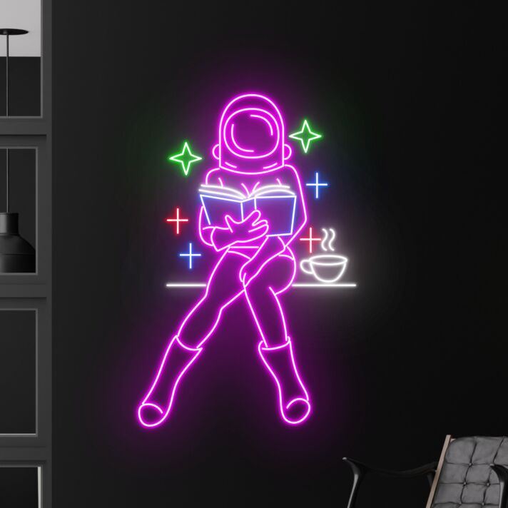 Astronaut Neon LED Wandlicht mit lesender Figur entspannte Space Atmosphäre Deko für Wohnzimmer Schlafzimmer Büro und kreative Räume