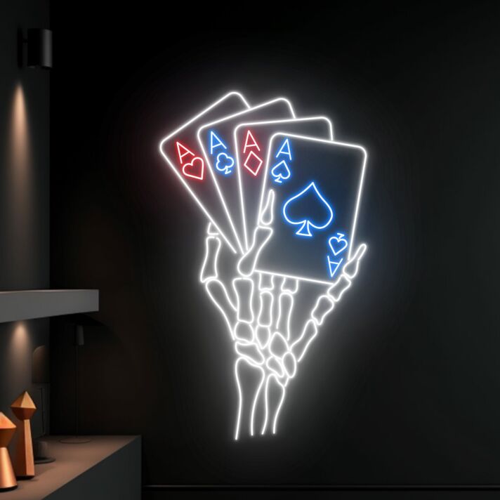 Skelett Hand mit vier Ass Spielkarten LED-Neonschild für Bar Gaming Raum