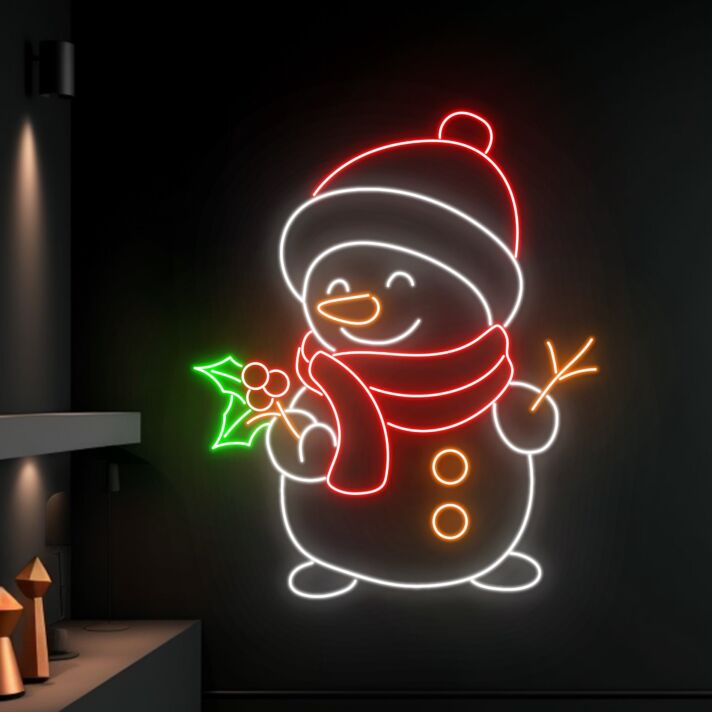 Schneemann mit Stechpalme LED-Neonschild für Wohnzimmer Weihnachtsdeko