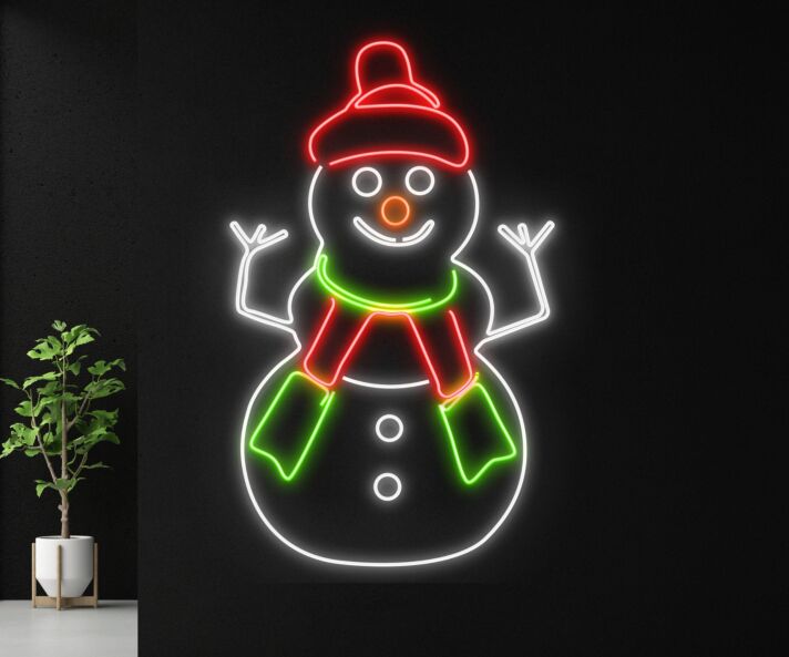 Schneemann mit Mütze und Schal LED-Neonschild für Weihnachten