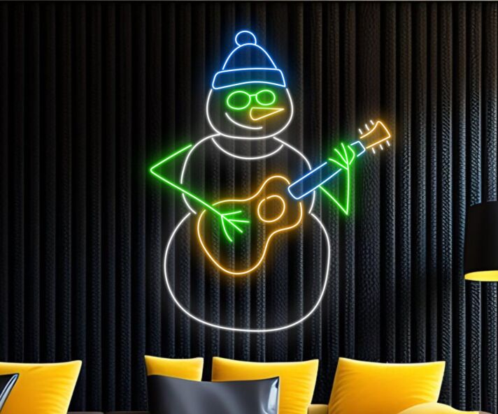 Schneemann mit Gitarre LED-Neonschild für Wohnzimmer Musikraum