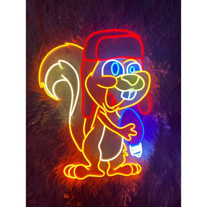 Eichhörnchen mit Wintermütze und Tannenzapfen LED-Neonschild für Kinderzimmer Café