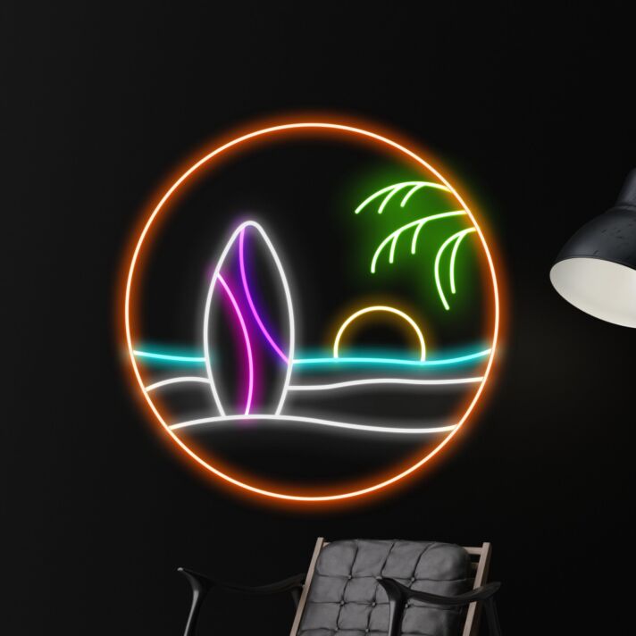 Surfbrett mit Sonnenuntergang und Palme LED-Neonschild für Wohnzimmer oder Bar