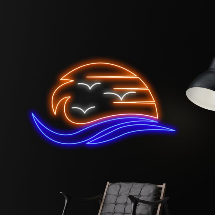 Sonnenuntergang mit Wellen und Möwen LED-Neonschild Wohnzimmer Bar