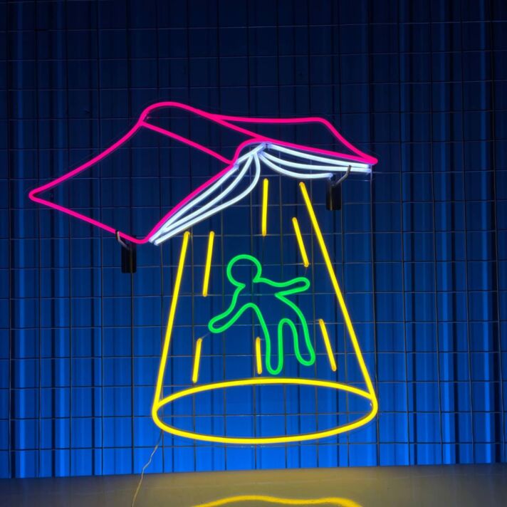 offenes Buch mit Figur im Lichtstrahl LED-Neonschild für Wohnzimmer Bibliothek