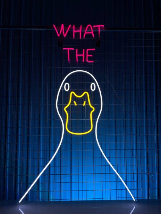 Lustige Ente Neon LED Wandlicht mit What The Schriftzug humorvolle Statement Deko für Wohnzimmer Bar Gaming Zimmer und kreative Räume