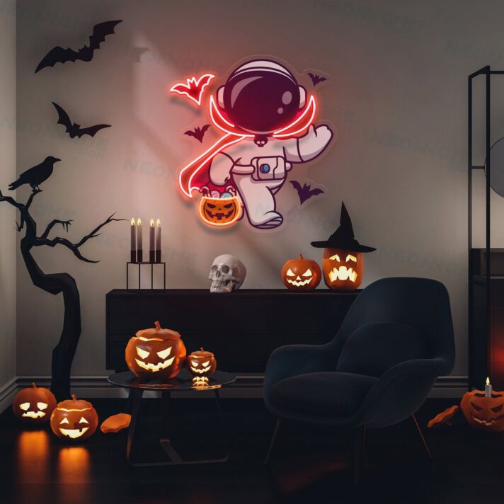 Astronaut mit Halloween-Kürbis LED-Neonschild für Halloween Wohnzimmer