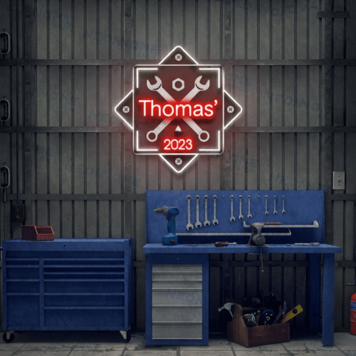 Personalisierbares Garage Neon Schild mit Werkzeug Motiv