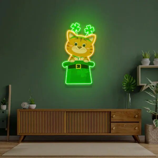 Katze mit Kleeblättern im Zylinder LED-Neonschild für Wohnzimmer oder Kinderzimmer