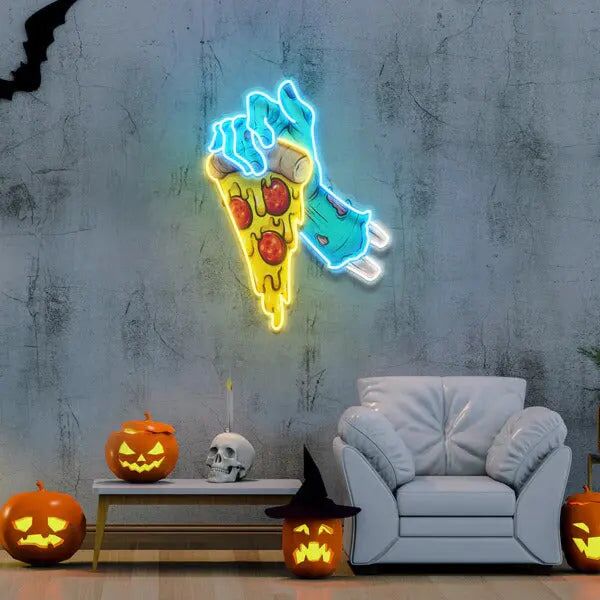 Zombiehand mit Pizzastück LED-Neonschild für Halloween Wohnzimmer