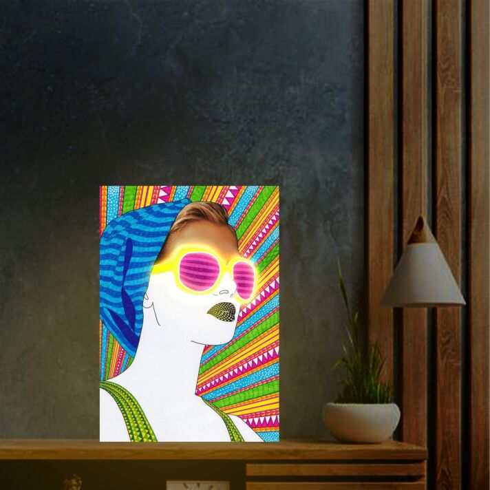 Farbportrait mit geometrischem Hintergrund LED-Neonschild Wohnzimmer Studio