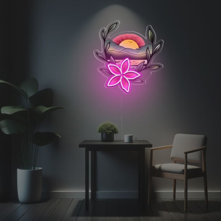 Sonnenuntergang mit Blume und Blättern LED-Neonschild Wohnzimmer Schlafzimmer